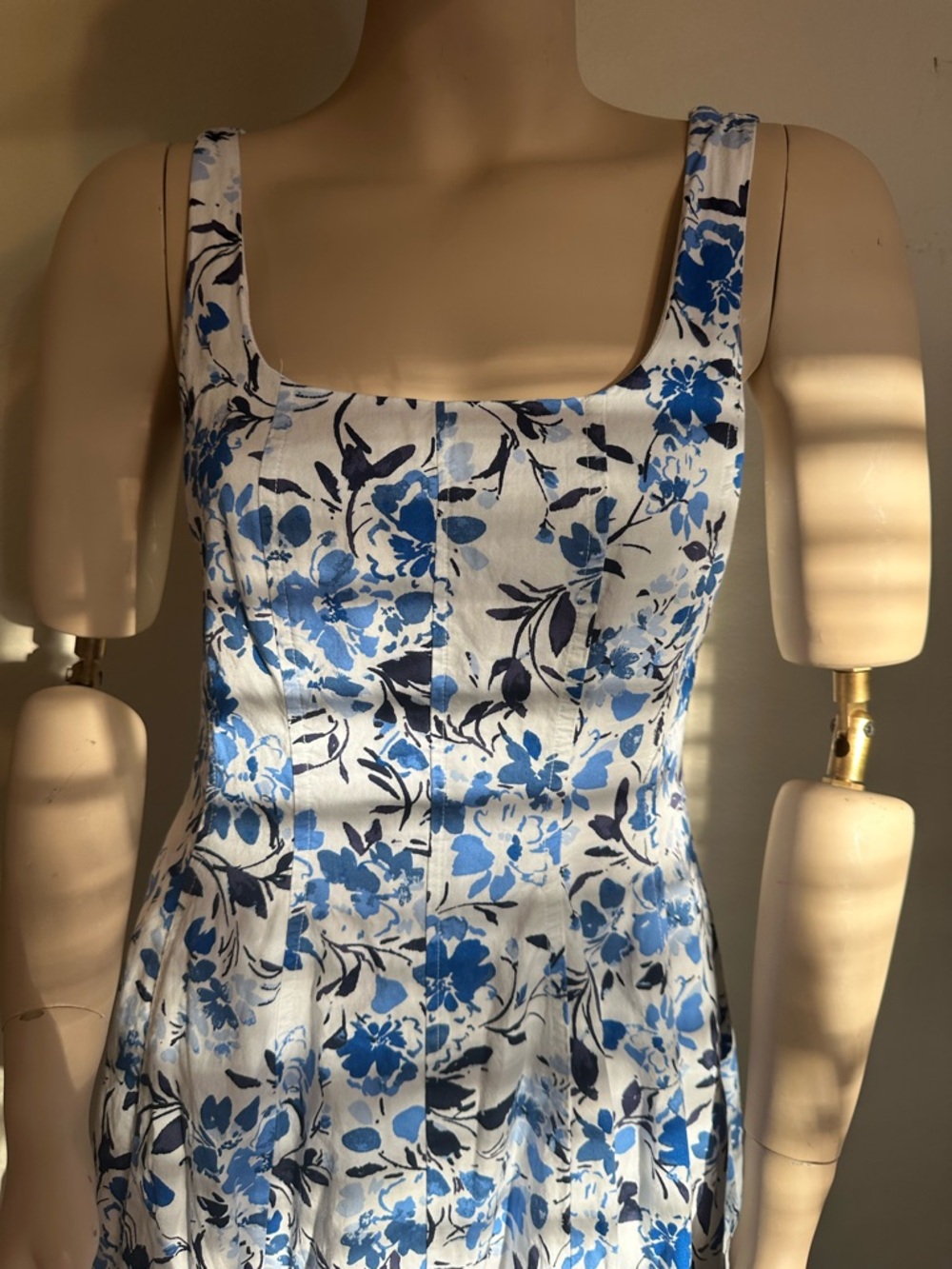 Free Assembly 100% Cotton Floral Midi Dress with Pockets Blue White - Picture 2 of 8